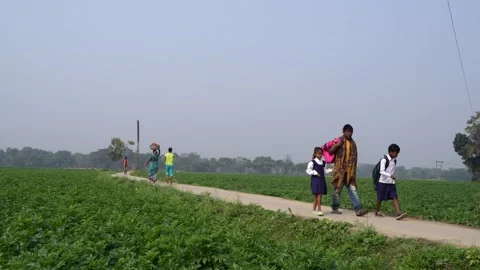 Children are going to school with their father. Stock Footage 301372958