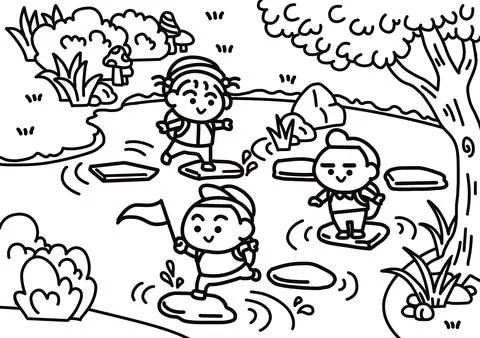 Children are jumping step stone path of water Illustrazione stock