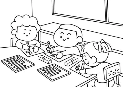 Children are learning in classroom. Doodle for coloring book Stock Illustration