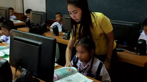 Children are learning computer Thailand Stock Footage 47128963