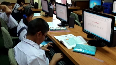Children are learning computer Thailand Stock Footage 47129327