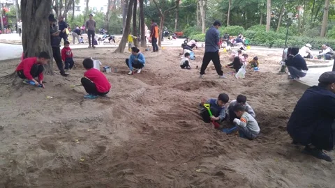The children are playing and digging sand pits Stock Footage 301098629