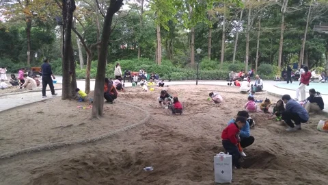 The children are playing and digging sand pits Stock Footage 301178113