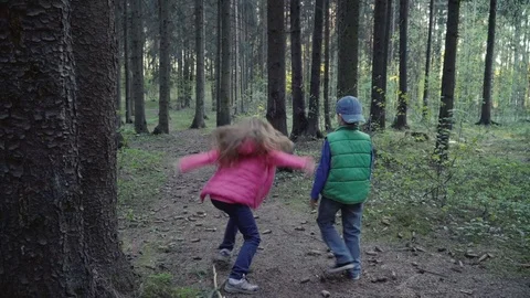 Children are running a race in the forest Stock Footage 76691076