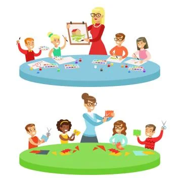 Children In Art Class Two Cartoon Illustrations With Elementary School Kids And Stock Illustration