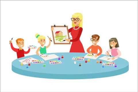 Children In Art Class Two Cartoon Illustrations With Elementary School Kids And Stock Illustration