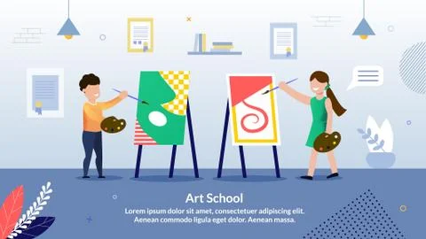 Children Art School Flat Vector Promo Banner Stock Illustration