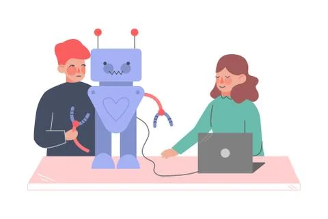 Children Assembling and Programming Robots, Young Engineers Working on Future Stock Illustration