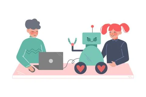 Children Assembling and Programming Robots, Boy and Girl Engineers Working on Stock Illustration