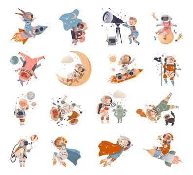 Children Astronauts in Spacesuit Exploring Outer Space Vector Set Stock Illustration