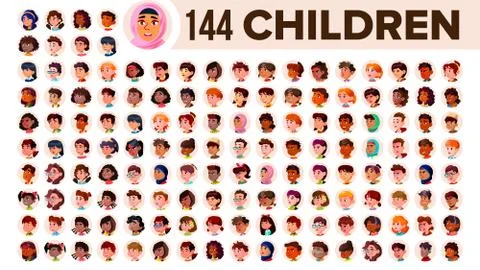 Children Avatar Set Vector. Child Girl, Guy. Multi Racial. Face Emotions Illustrazione stock
