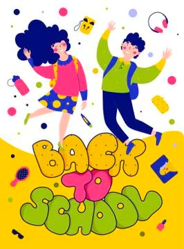 Children back to school, flat vector illustration. Postcard, knowledge day. Stock Illustration