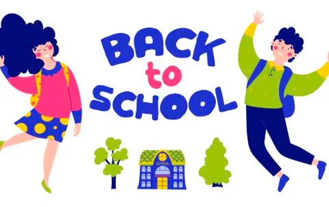 Children back to school, flat vector illustration. Postcard, knowledge day. Stock Illustration