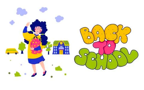 Children back to school, flat vector illustration. Postcard, knowledge day. Stock Illustration