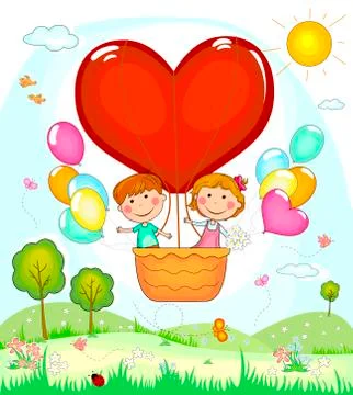 Children in a balloon Stock Illustration