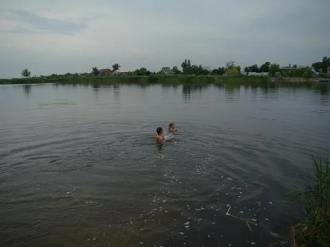 Children bathing in the river 스톡 사진
