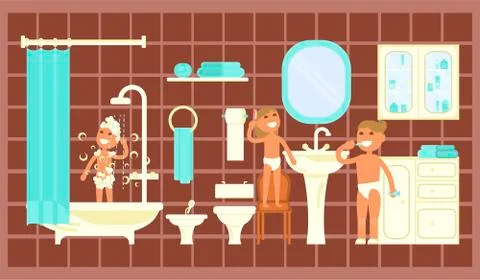 Children on the bathroom interior Stock Illustration