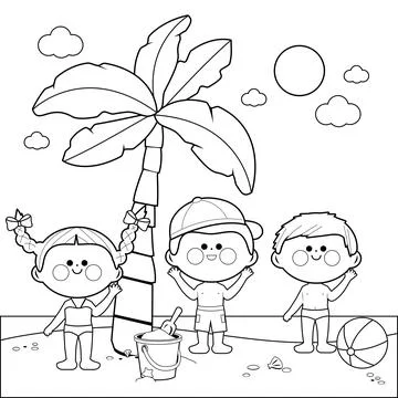 Children at the beach under a palm tree. Black and white coloring book page Stock Illustration