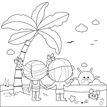 Children at the beach under a palm tree. Black and white coloring book page Stock Illustration