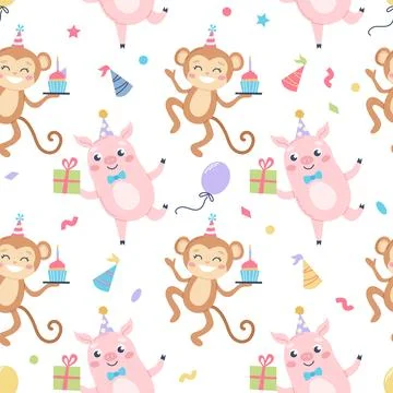 Children birthday pattern. Cute monkey and pig with party hat. Vector Illustration