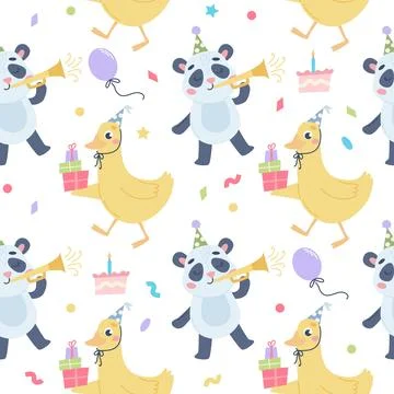 Children birthday pattern. Cute panda and goose with party hat. Vector Illustration