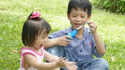 Children blowing soap bubbles in park Stock Footage 55812032