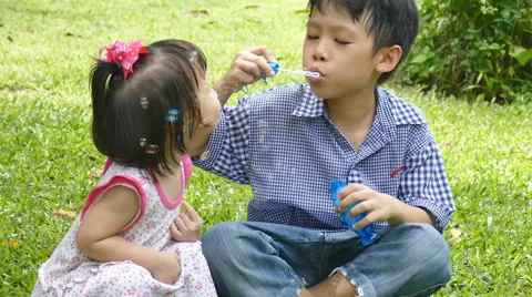 Children blowing soap bubbles in park Stock Footage 55812955
