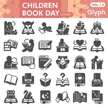Children book day solid icon set, book symbols collection or sketches Stockillustratie