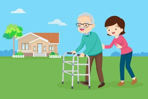 Children boy help elderly use walker Stock Illustration