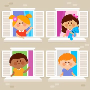 Children at a building looking out of windows. Vector illustration Ilustração Stock
