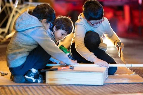 Children building project with tools learning skills Stock Photos