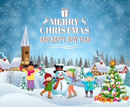 Children building snowman. Stock Illustration