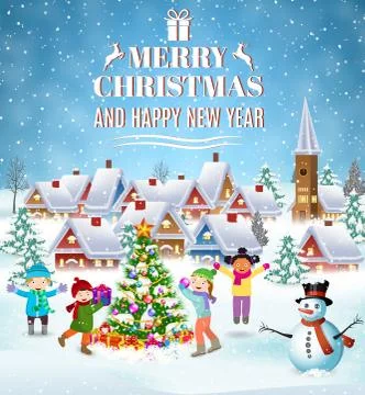 Children building snowman. Ilustración de archivo