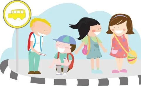 Children at bus stop Stock Illustration