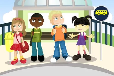 Children at bus stop Stock Illustration