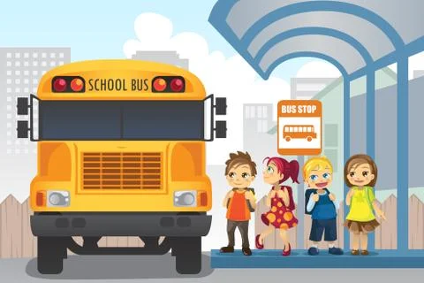 Children at bus stop Stock Illustration