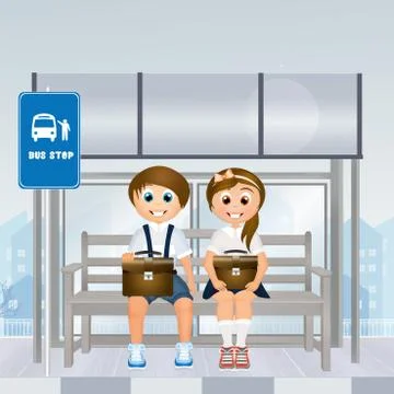 Children at the bus stop Stock Illustration