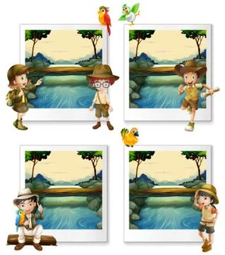 Children camping out by the river Stock Illustration