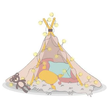 Children canopy cozy with bulb lights and pillow. Isolated on white background Stock Illustration