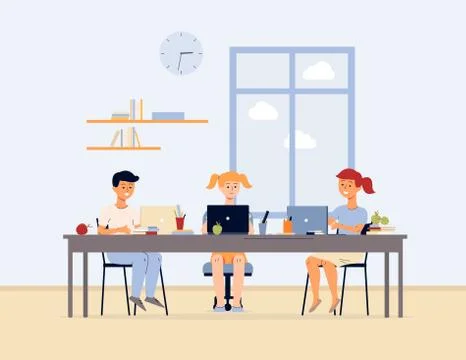 Children cartoon characters studying using laptop flat vector illustration. Stock Illustration