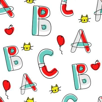 Children cartoon vector alphabet pattern seamless with illustration. Stock Illustration