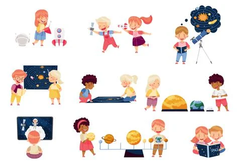 Children Characters Studying Space and Galaxy Examining Solar Planets and Stock Illustration