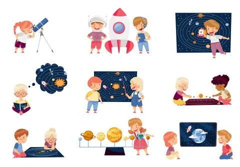 Children Characters Studying Space and Galaxy Examining Solar Planets and Stock Illustration