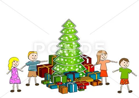 Children with christmas tree Stock Illustration