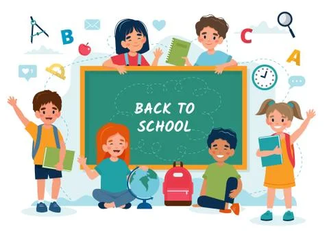 Children in class with a chalkboard, back to school concept, cute characters Stock Illustration