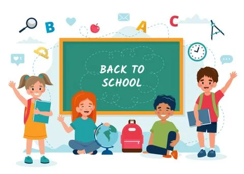 Children in class with a chalkboard, back to school concept, cute characters Stock Illustration