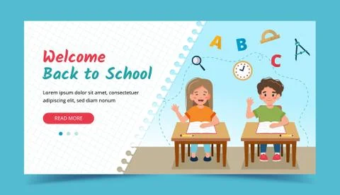Children in class at desks, back to school concept. Banner or landing page Stock Illustration