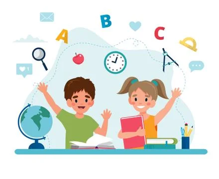 Children in class reading, back to school concept, cute characters. Vector Stock Illustration