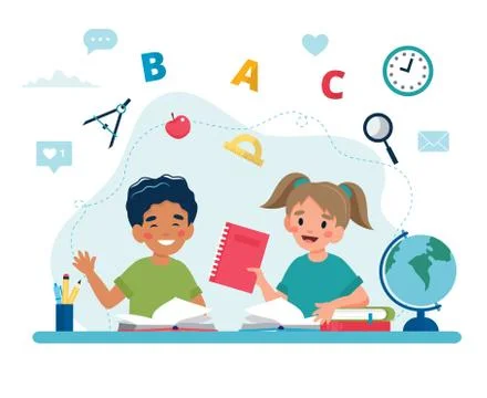 Children in class reading, back to school concept, cute characters. Vector Stock Illustration