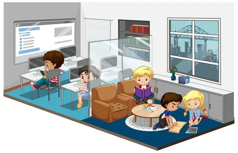 Children in classroom scene on white background Stock Illustration